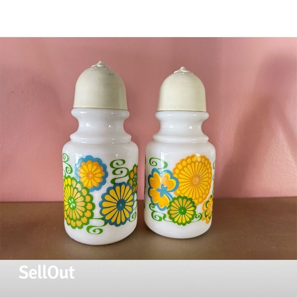 Vintage Avon Milk Glass Salt & Pepper Shaker Set Floral Design Retro 1970s